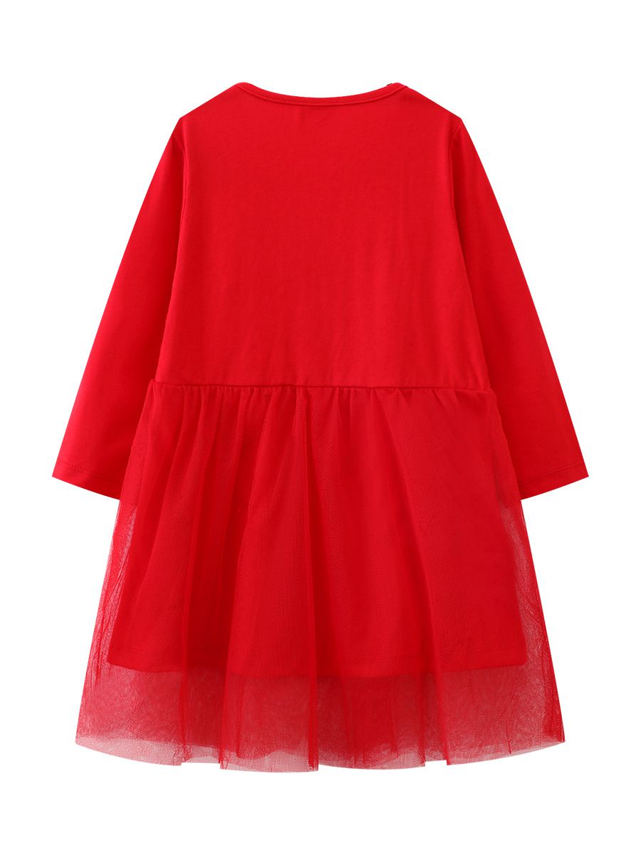 Jumping meters - 棉質圓領長袖連身網紗洋裝-花花與鳥-紅色