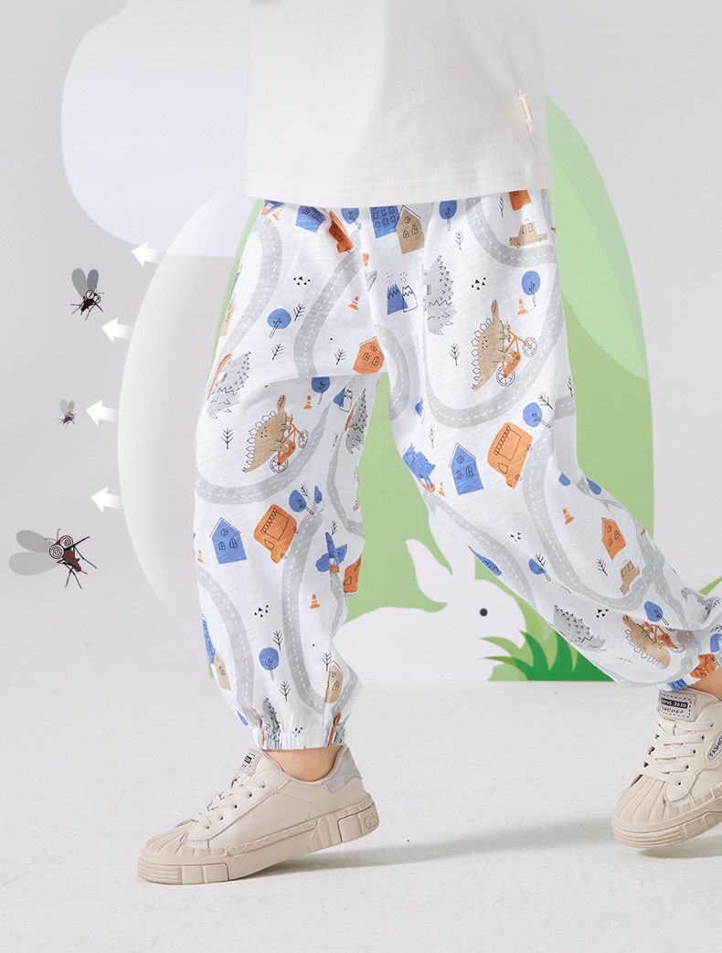 純棉束口長褲/防蚊褲-恐龍城鎮-白色