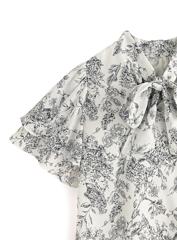 日本 GRL - 2WAY蝴蝶結碎花雪紡短袖上衣-藍x白 (F)