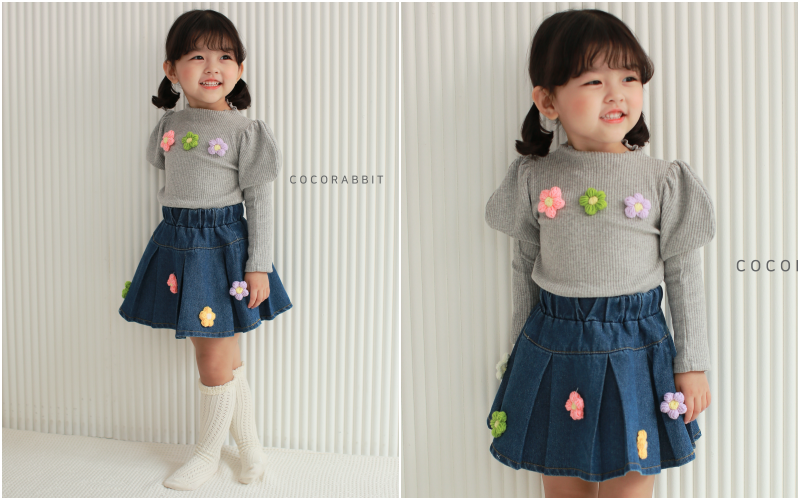 韓國 Coco rabbit - 立體花花卷卷領公主袖針織T-灰