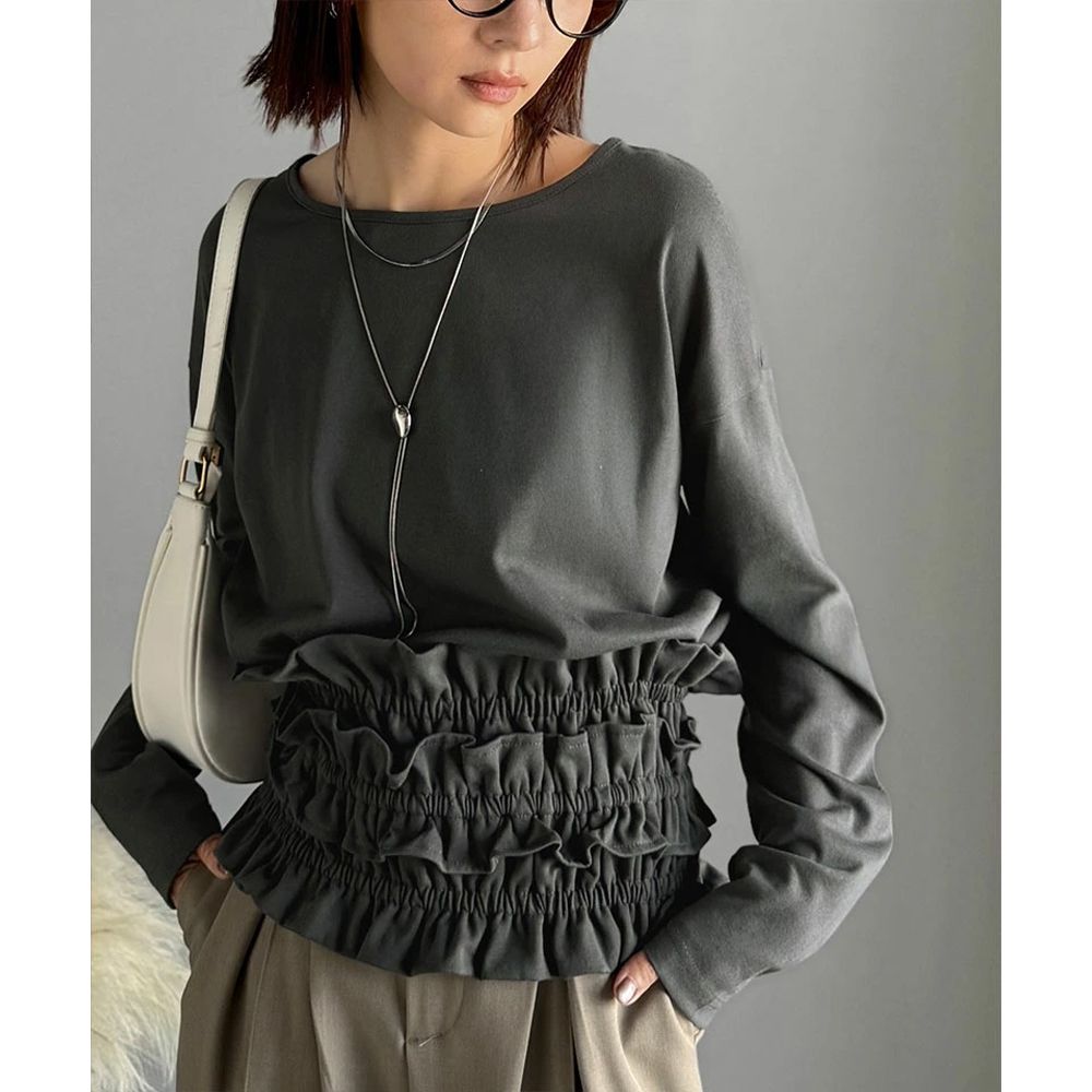 時尚造型圓領長袖上衣(附荷葉腰帶)-炭灰