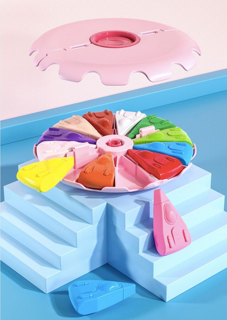 太空船造型不髒手收納蠟筆-12色-粉色 (12.6x2.5cm)-適合3歲以上使用