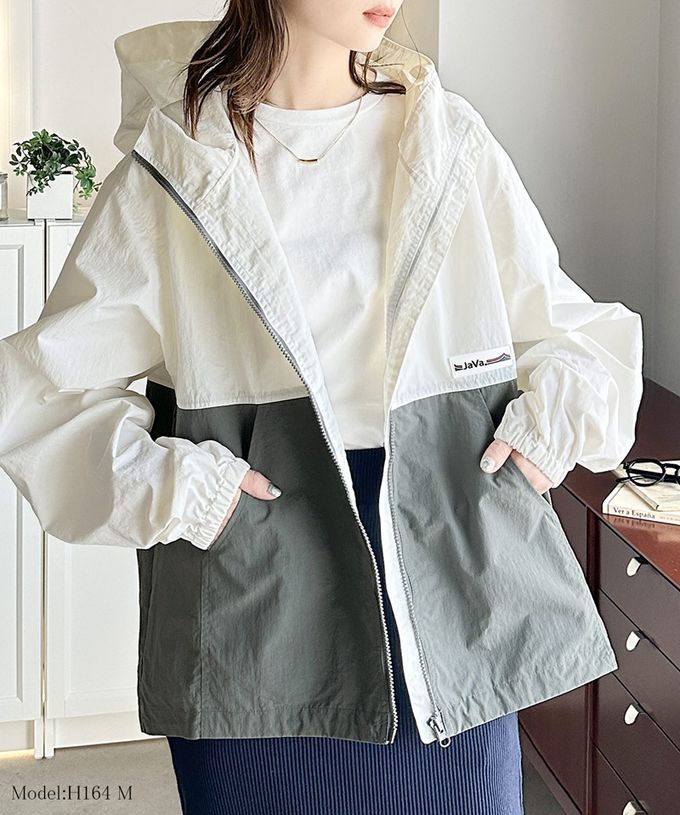 日本 Classical Elf - Java 撞色抽繩防風尼龍外套-象牙白x灰