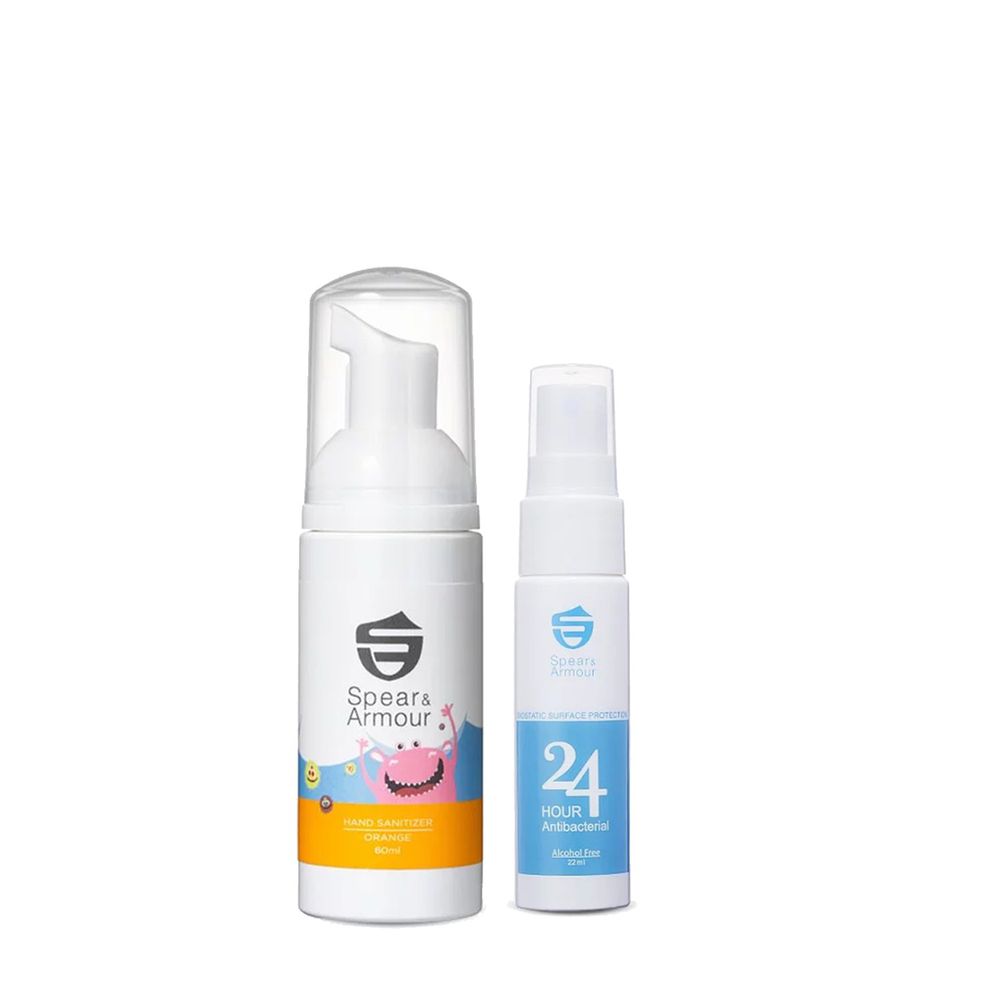 美國Spear&Armour思必兒 - 抗菌防護兩入組-24小時表面防護噴劑 22ml+長效乾洗手慕斯怪獸版-柑橘 60ml