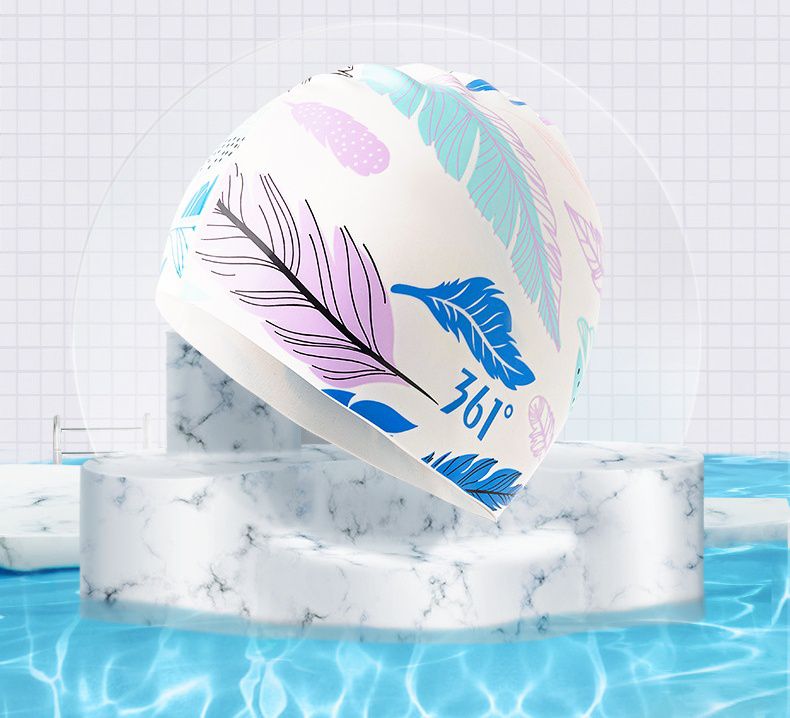 361° - 成人印花矽膠泳帽-羽毛-白色 (頭圍65cm以下)