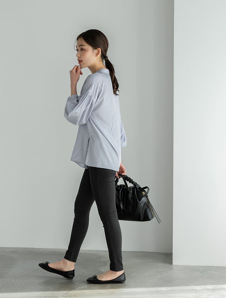 日本 fifth - 微光澤圓領七分澎袖襯衫-灰藍