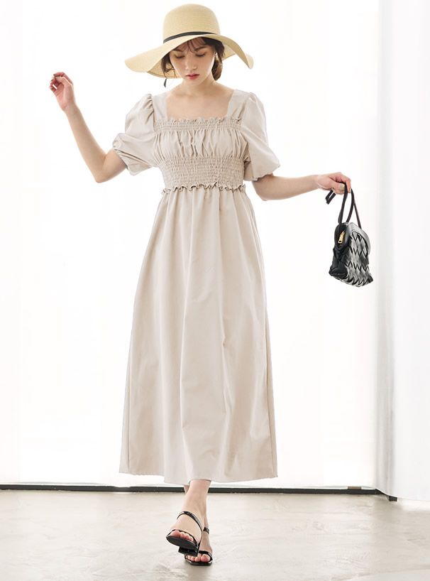 日本 GRL - 胸前抓皺澎澎袖方領短袖氣質洋裝-黑