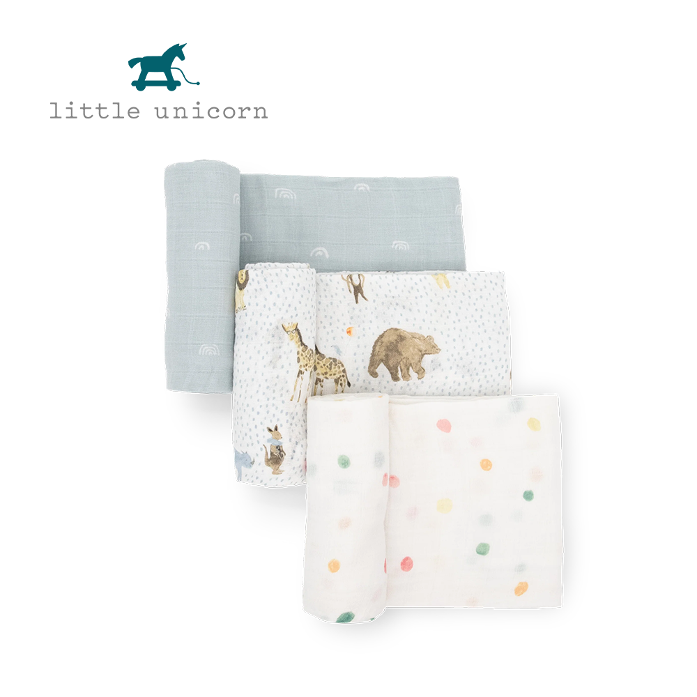 美國 Little Unicorn - 純棉紗布巾三入組-動物派對 (120CMx120CM)