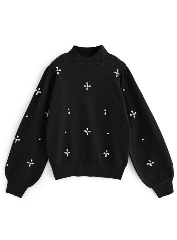 日本 GRL - 氣質花朵閃耀針織上衣-水藍 (F)