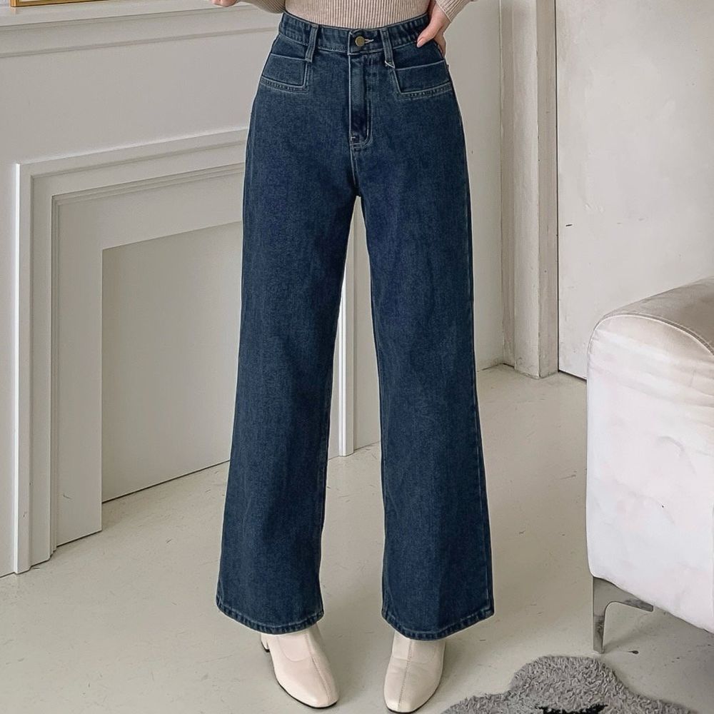 EDITION (內磨毛升溫+5度C)彈性腰經典直筒寬褲-深藍