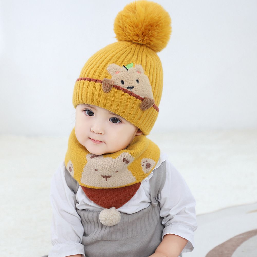 小熊圍脖毛帽組-橘色 (帽圍50-54CM/建議年齡3-8歲)