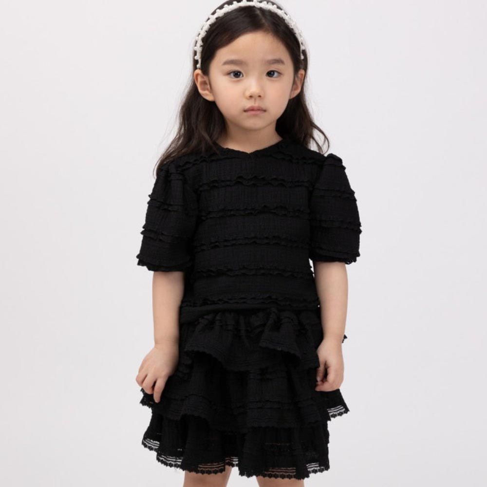 韓國 Coco Bang - (兩件式)公主袖蕾絲蛋糕層次裙套裝-黑