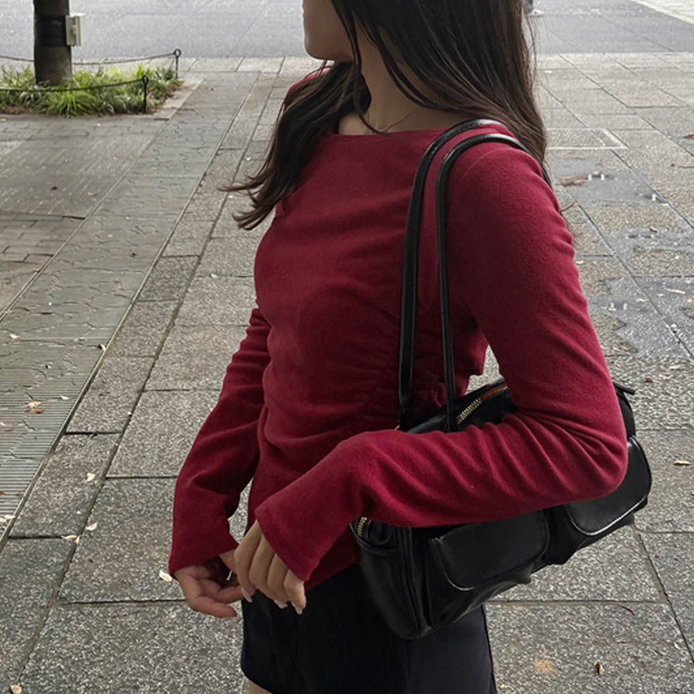 時尚斜切領側抽繩長袖上衣-紅 (F)