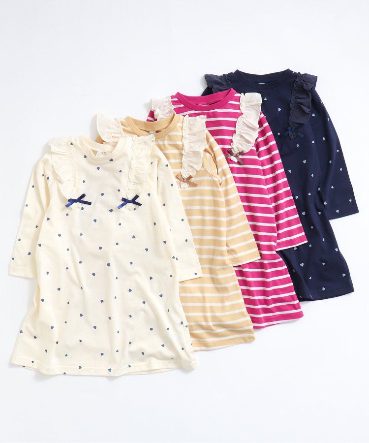 日本 apres les cours - 肩部荷葉印花薄長袖洋裝-愛心-海軍藍