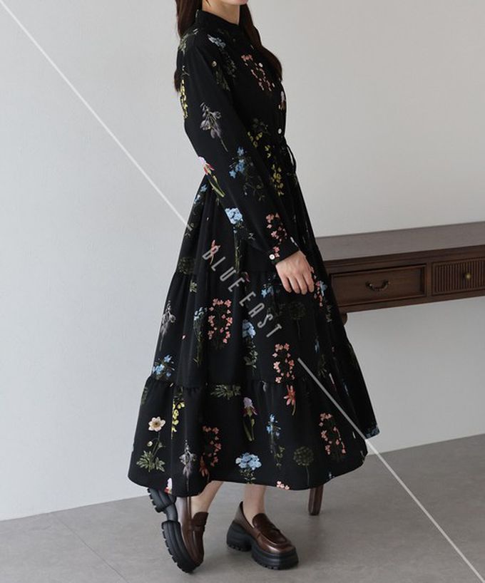 日本 BLUE EAST - [人氣款]簡約抽繩收腰長袖洋裝-撞色袖-黑 (一般長)