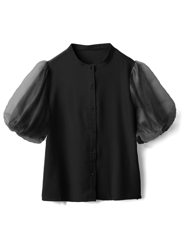 日本 GRL - 微立領薄紗拼接短袖襯衫-煙燻粉 (F)