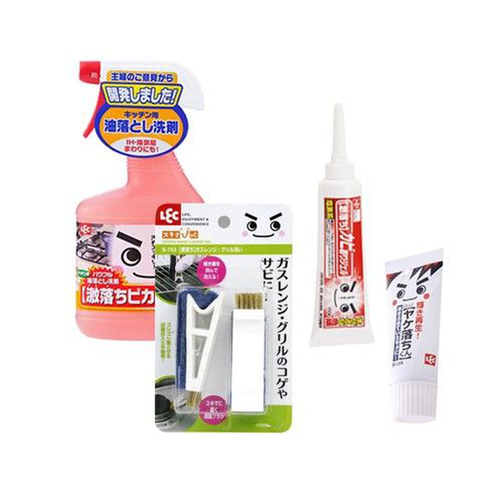 日本 LEC - 廚房清潔組-激落清潔劑 (廚房去油汙用)520ml+不鏽鋼清潔霜20g +激落除霉凝膠100ml + 激落烤網專用清潔刷 (兩入/組)