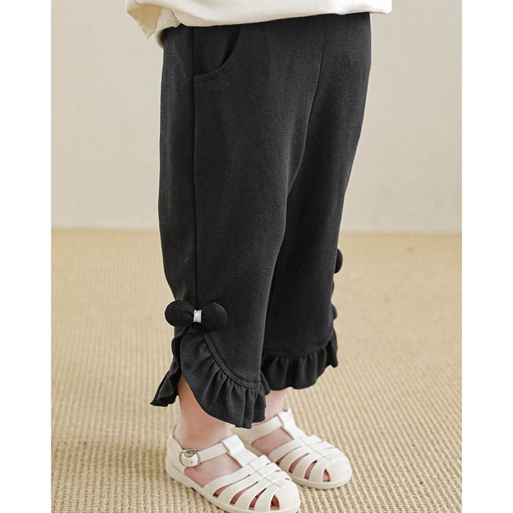 甜心女孩荷葉邊九分褲-蝴蝶結-黑色