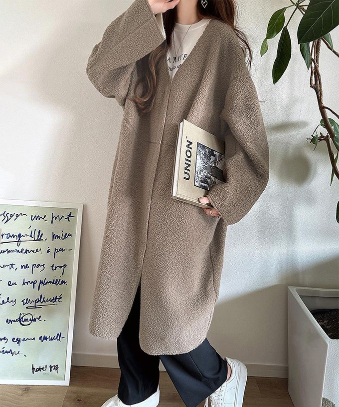 日本 Classical Elf - 溫暖毛呢休閒感無領長版外套-米白