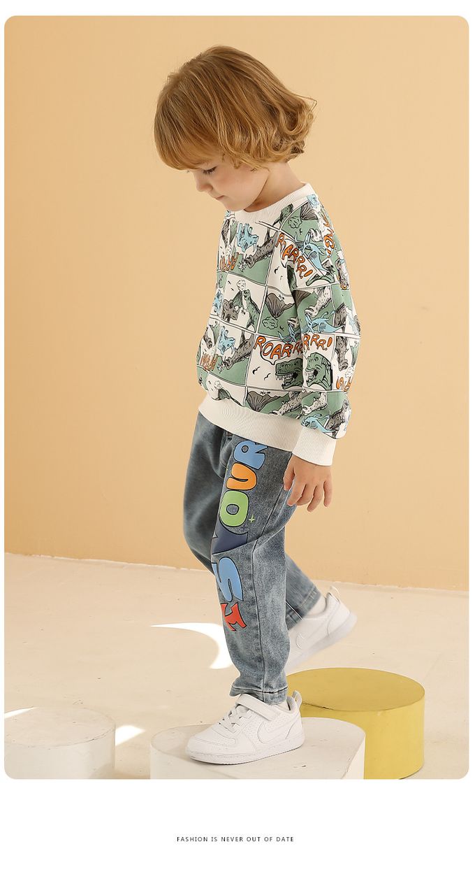 童趣圓領長袖上衣-漫畫恐龍-黃色