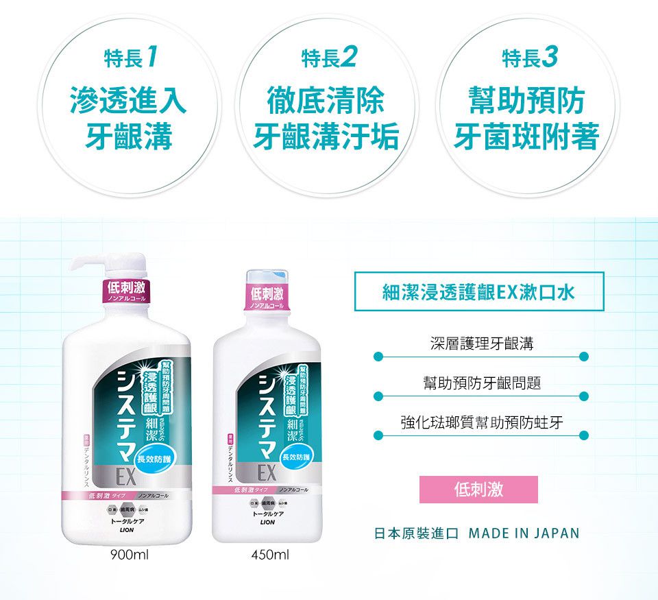 日本 LION 獅王 - 【2入組】細潔浸透護齦EX漱口水-450ml/入