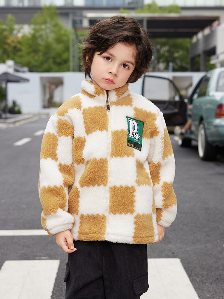 羊羔絨兒童保暖外套-帥氣格紋-綠色