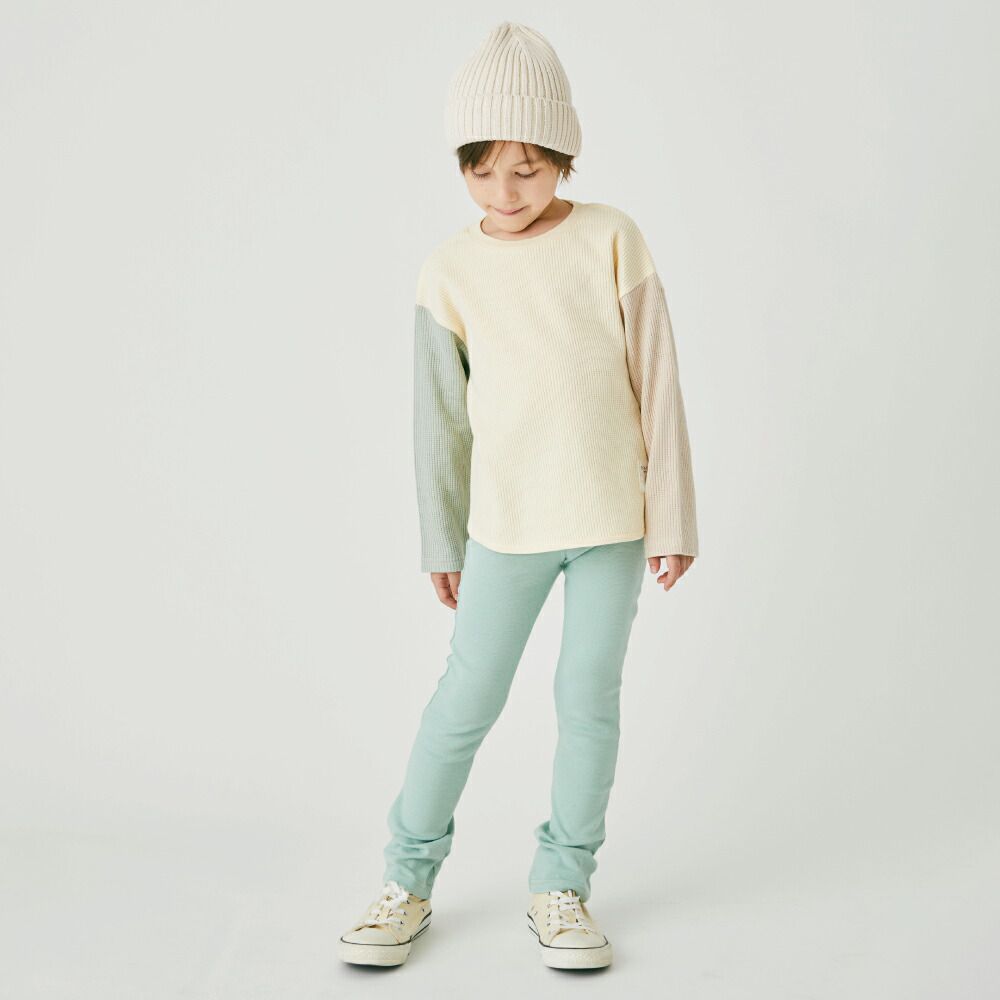 日本 evercloset - 華夫格配色純棉柔軟長袖上衣-黑x棕灰