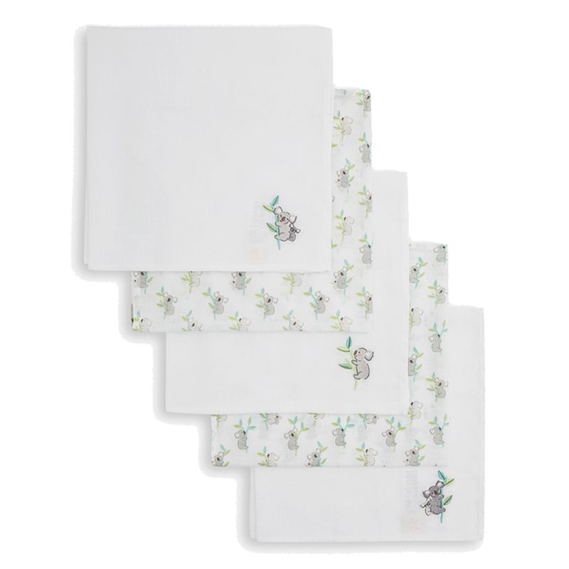 英國 JoJo Maman BeBe - 100% 純棉多功能細紗布包巾/小薄被/拍嗝巾/安撫巾5入組(60*60cm-無尾熊