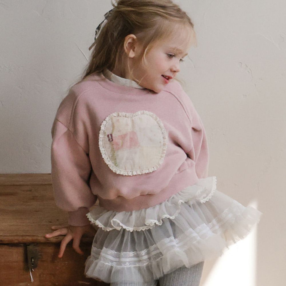 Puellaflo (內磨毛)甜美拼布點綴網紗襬長袖大學T-粉