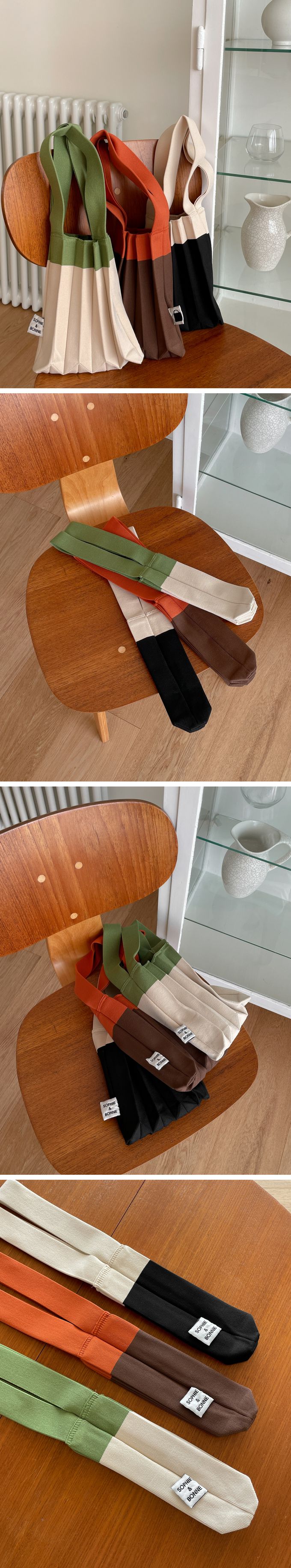 韓國 SOPHIENBONNE - 百褶彈性針織撞色手提/肩背包-咖X紅 (S)