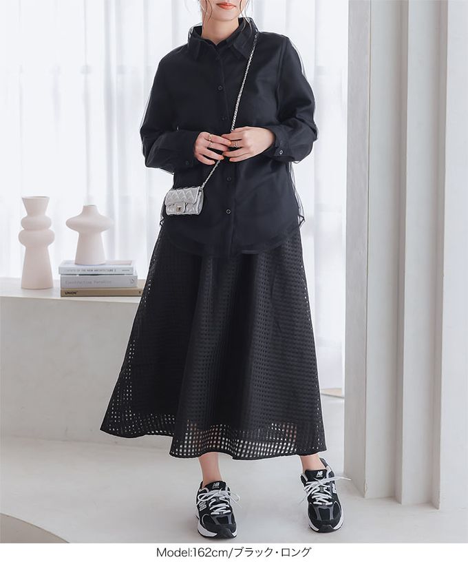 日本 Kobe Lettuce - 清爽透明格子鬆緊長裙(有口袋)-可選長度-米白