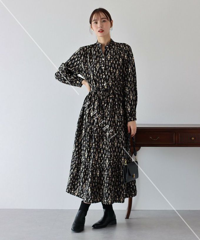 日本 BLUE EAST - [人氣款]簡約抽繩收腰長袖洋裝-浪漫花草-咖啡