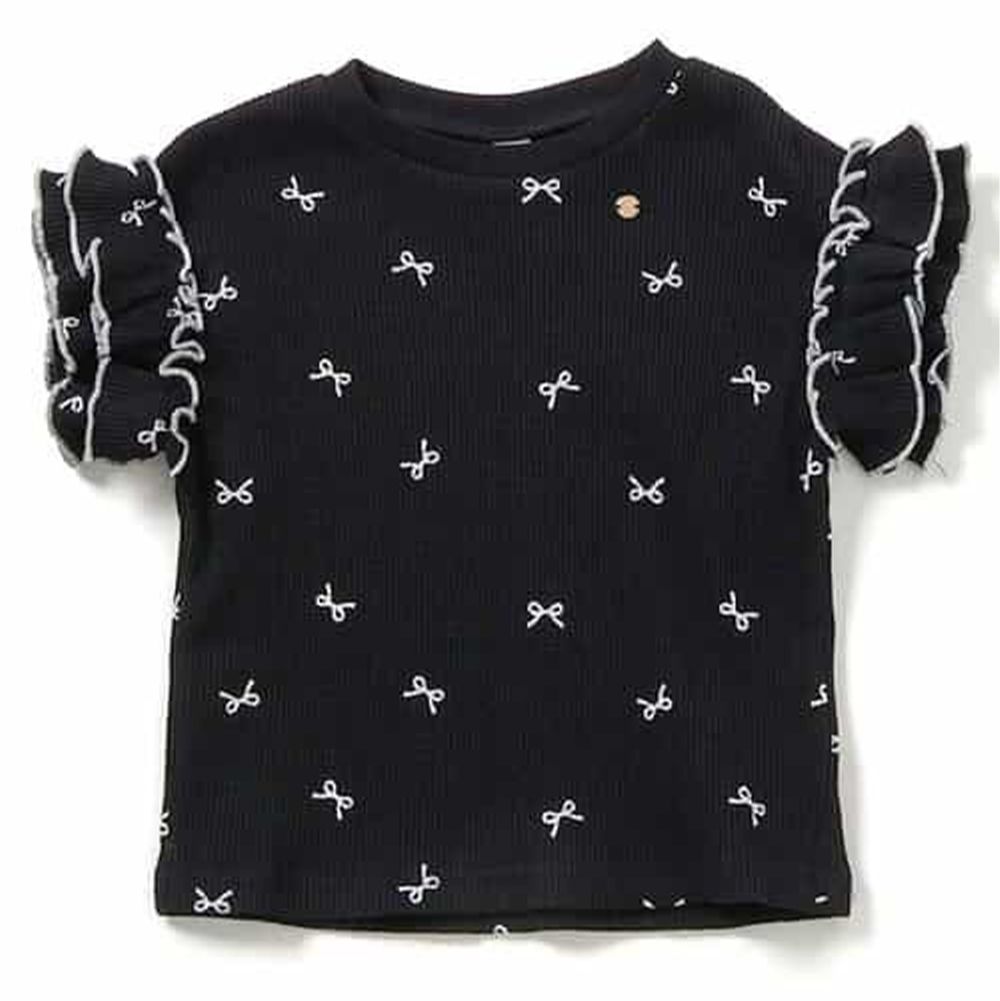 華夫格QQ荷葉短袖上衣-蝴蝶結-黑