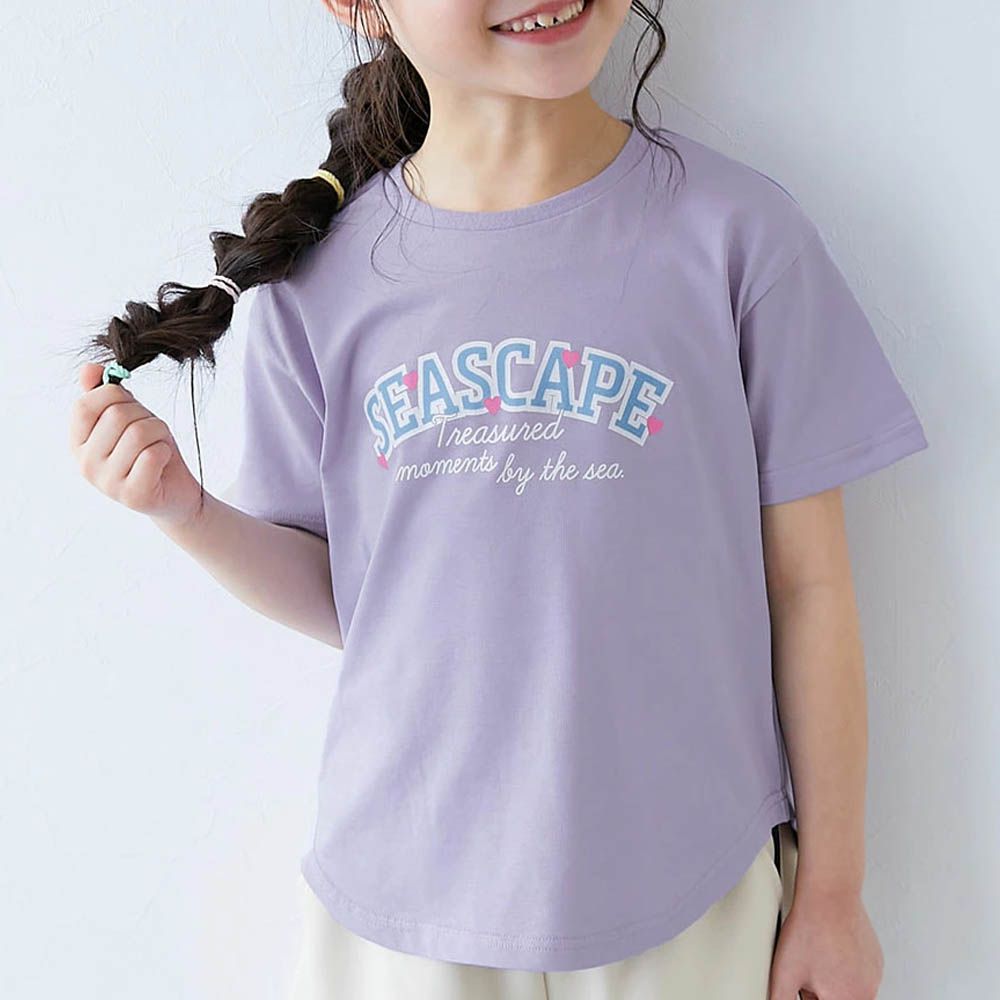 接觸涼感 女孩印花短袖上衣-小愛心英文-淺紫