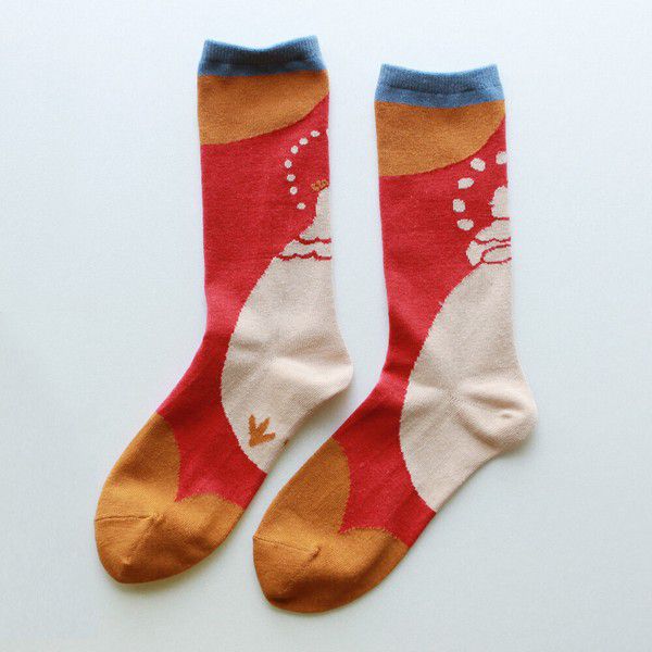 日本女裝代購 - 日本製 伊索寓言印花長襪-寡婦與母雞-粉紫 (23-25cm)