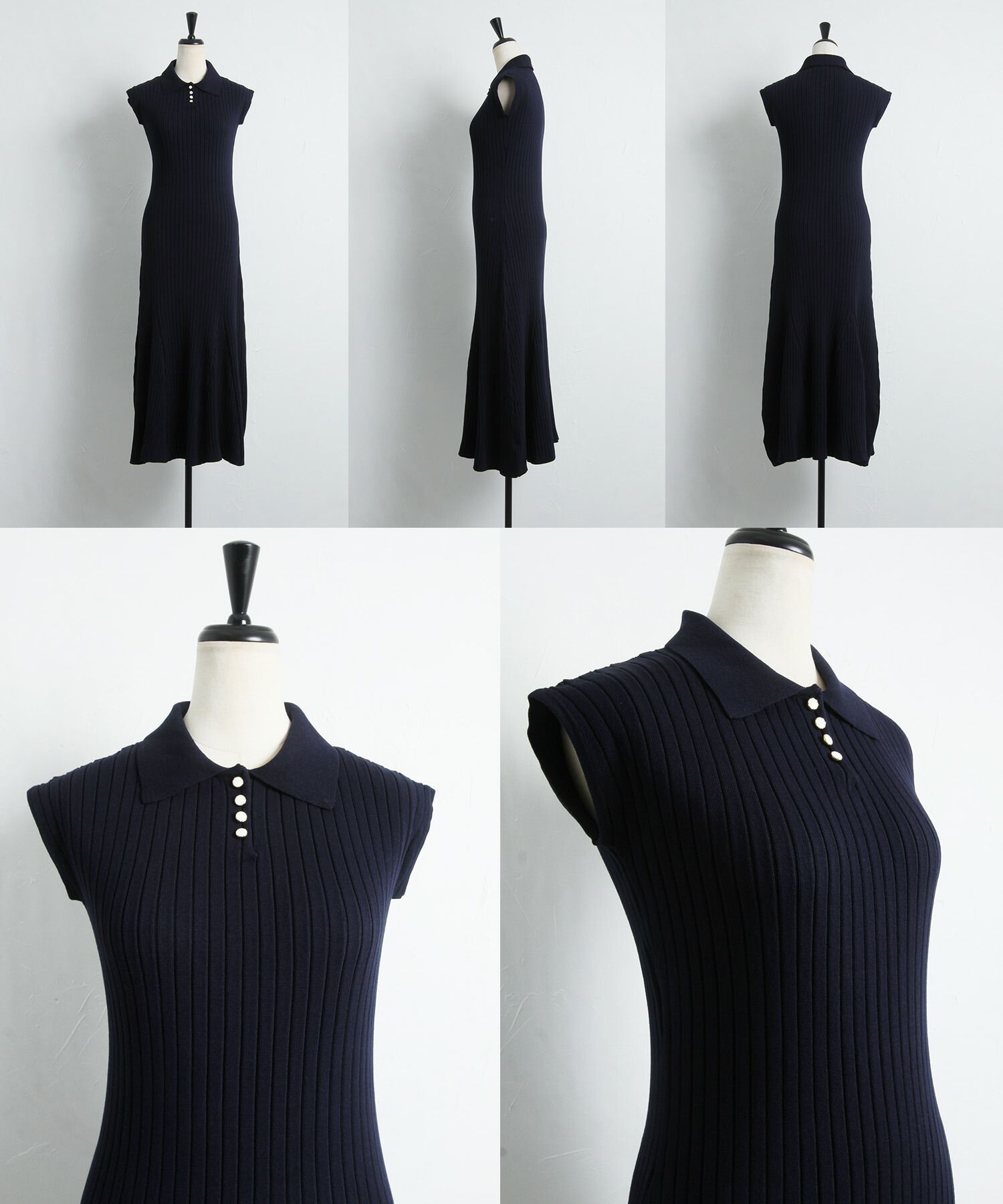 日本 tocco-closet - 直羅紋翻領修身洋裝-海軍藍