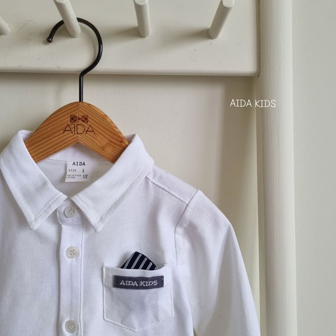 韓國 AIDA - 海軍小領帶裝飾長袖襯衫-白