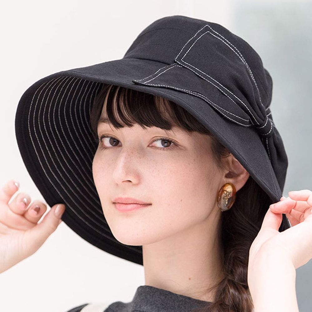 日本 irodori - 抗UV撞色線條大帽簷遮陽帽-時尚黑