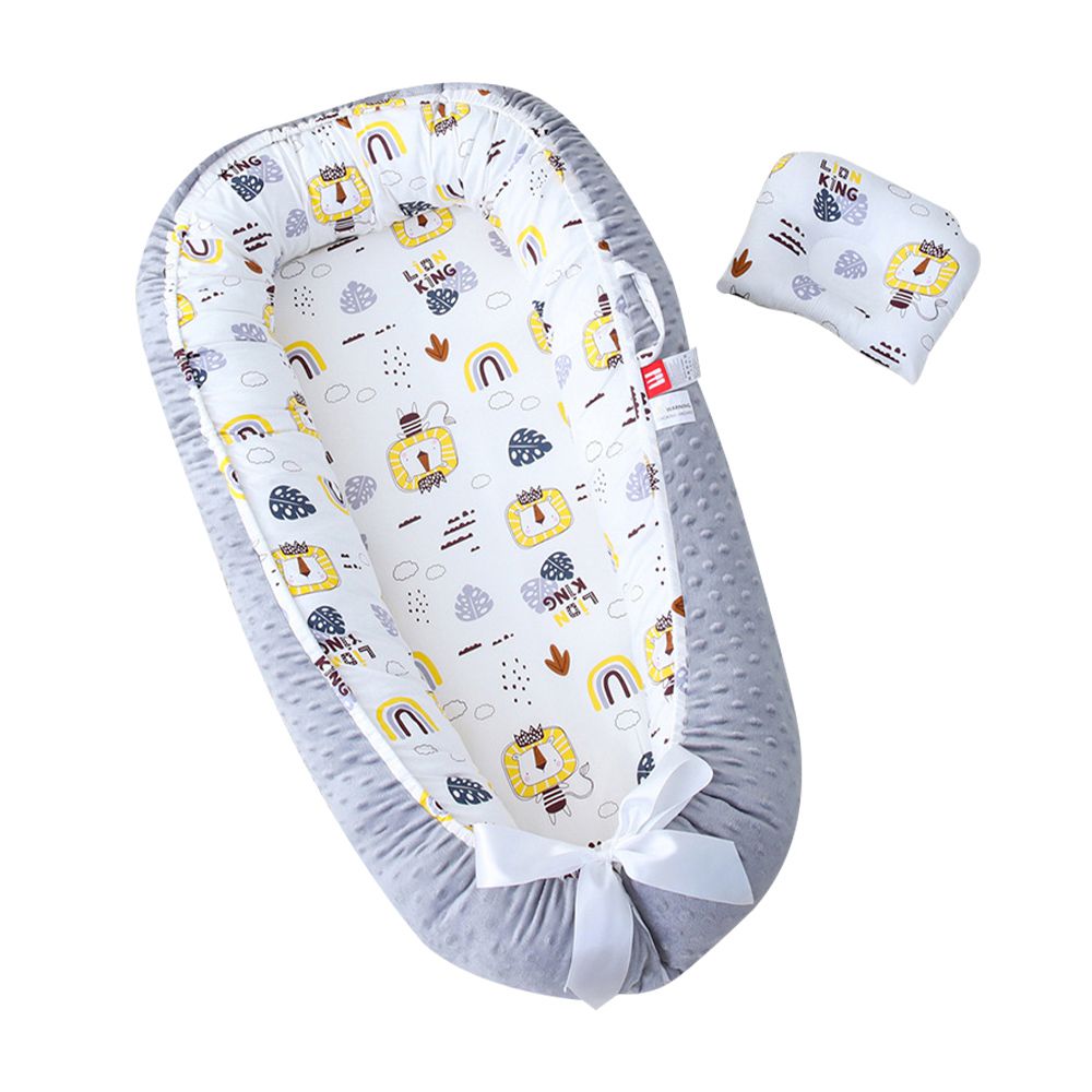 JoyNa - 嬰兒床中床 泡泡絨加厚便攜式可折疊寶寶床 贈枕頭/防塵袋-灰邊獅子 (50*80*13cm)