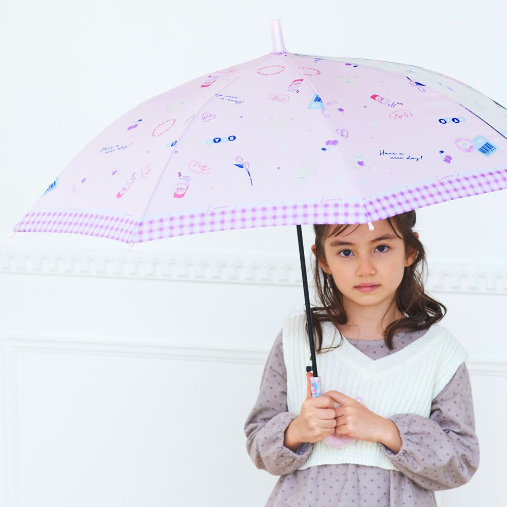 日本中谷 - 透明窗設計兒童雨傘/直傘-熊熊格紋-粉紅 (50cm(身高115-125cm))