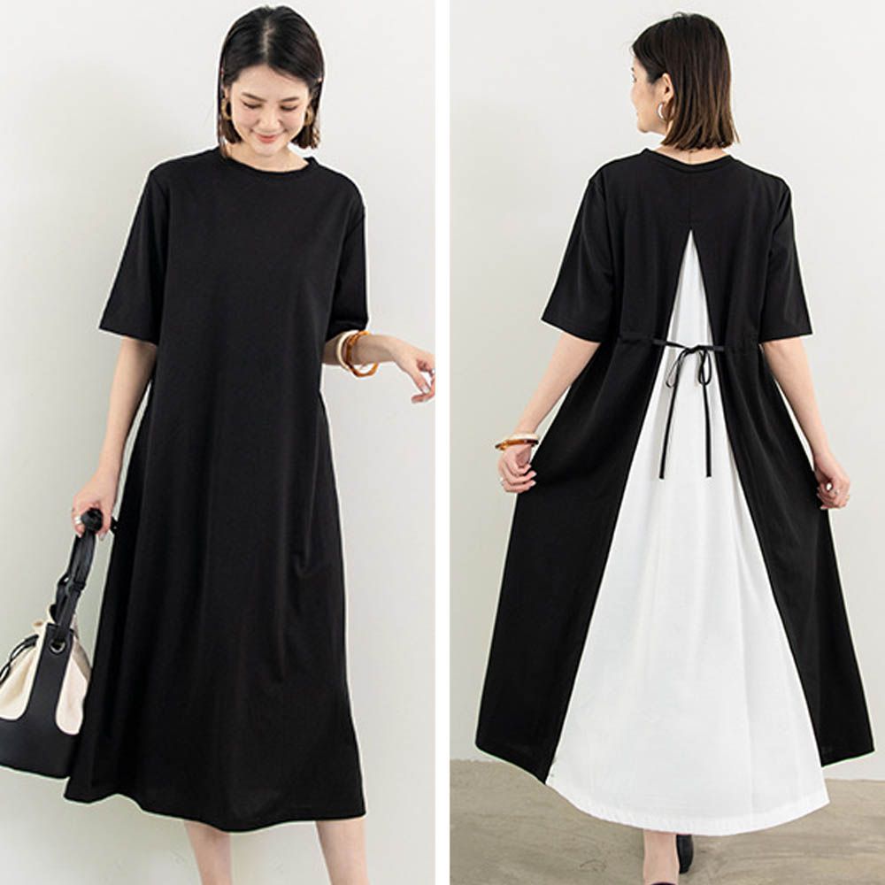 氣質顯瘦A字五分袖長洋裝-後拼接綁帶-黑+白 (F)