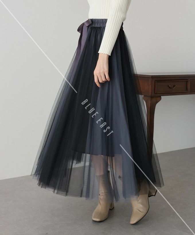 日本 BLUE EAST - 浪漫豐盈蝴蝶結綁帶薄紗裙-素色-摩卡