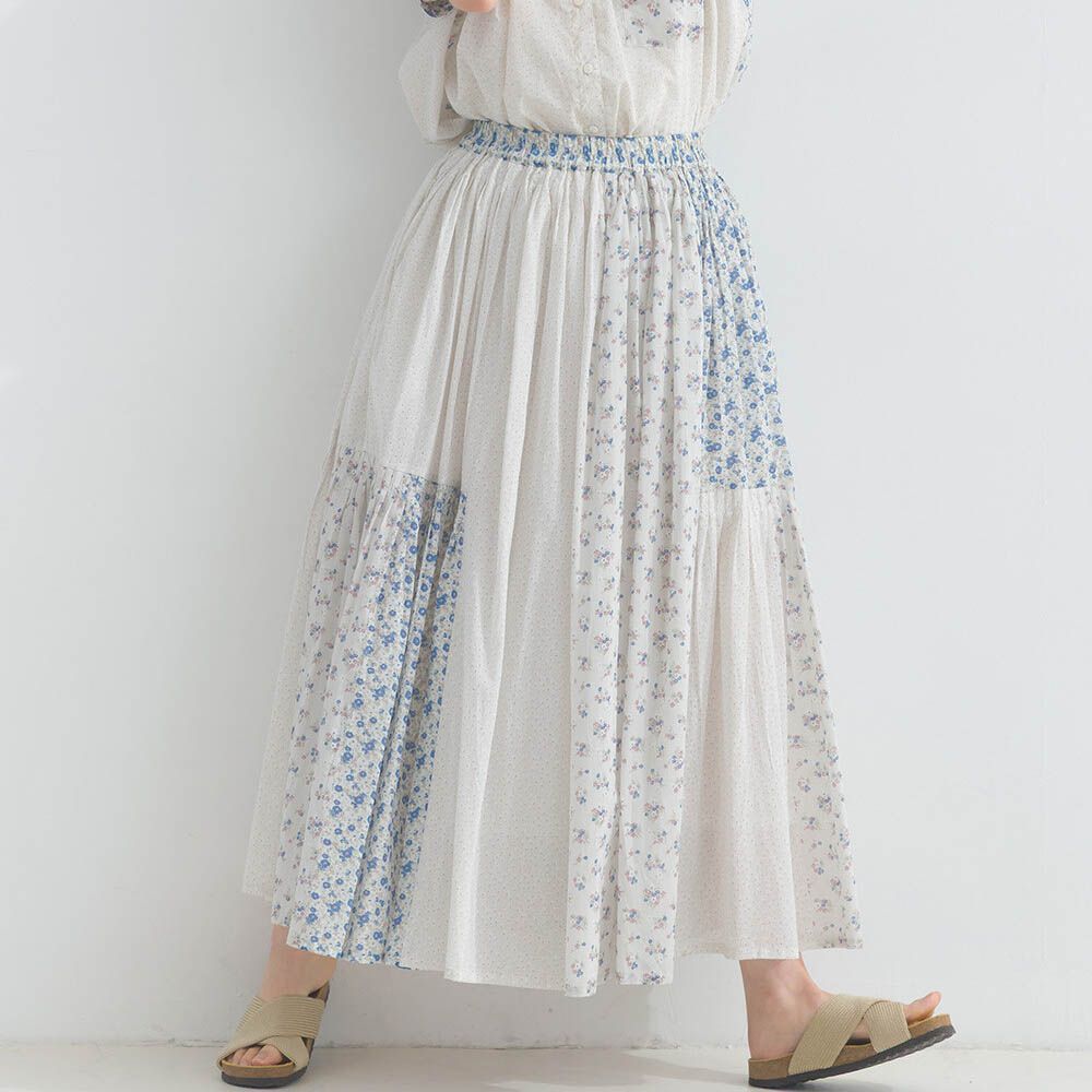 純棉巴里紗花朵拼布細摺長裙-白
