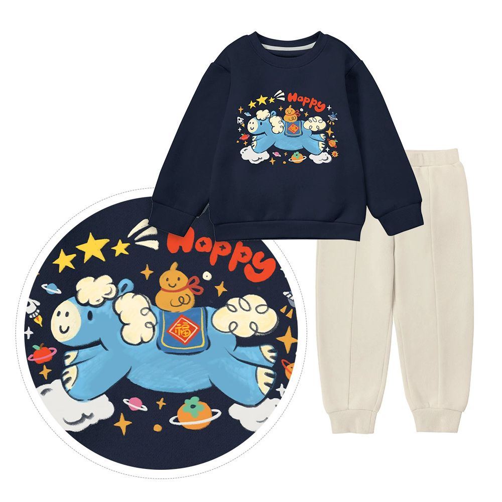 內刷絨長袖上衣+長褲套裝-喜樂小馬-藏青x杏