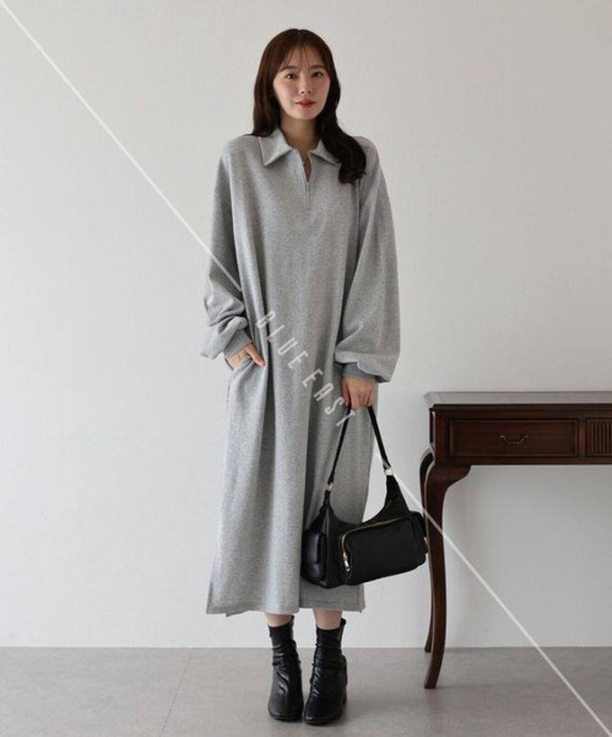 日本 BLUE EAST - 半拉鏈時尚休閒長袖洋裝-海軍藍