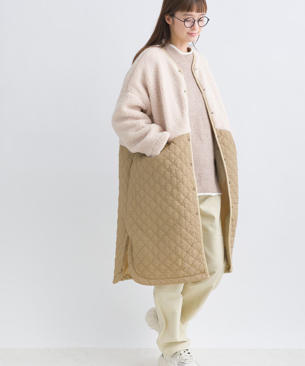 日本女裝代購 - 毛茸雲朵絎縫拼接長版鋪棉外套-軍綠