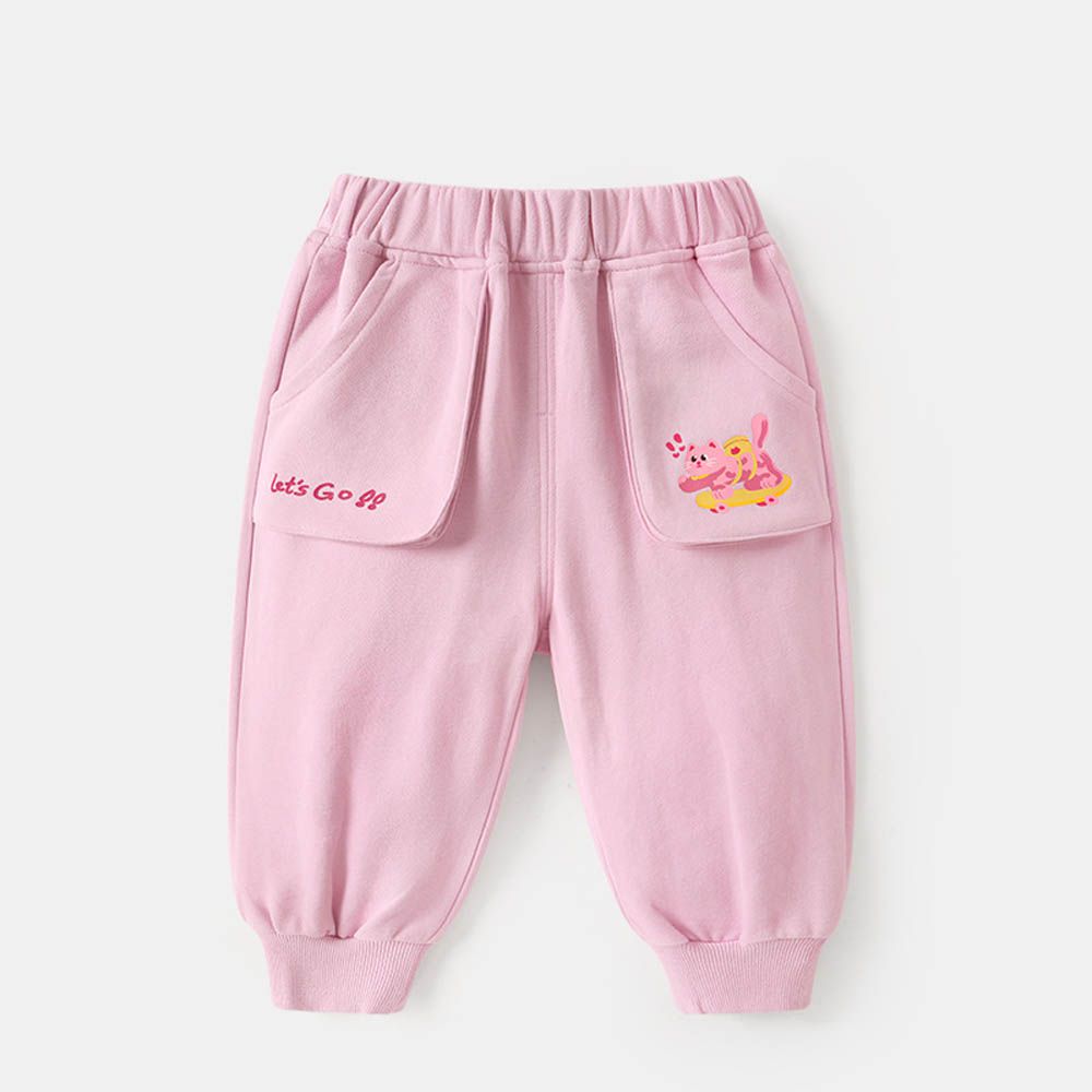 腰鬆緊運動休閒長褲-立體口袋-粉色