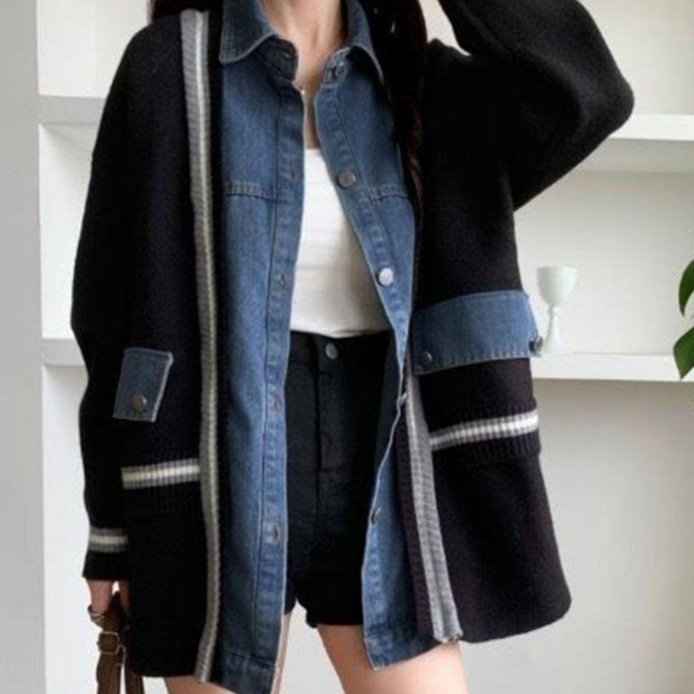 學院牛仔拼接針織率性廓形外套-黑 (F)