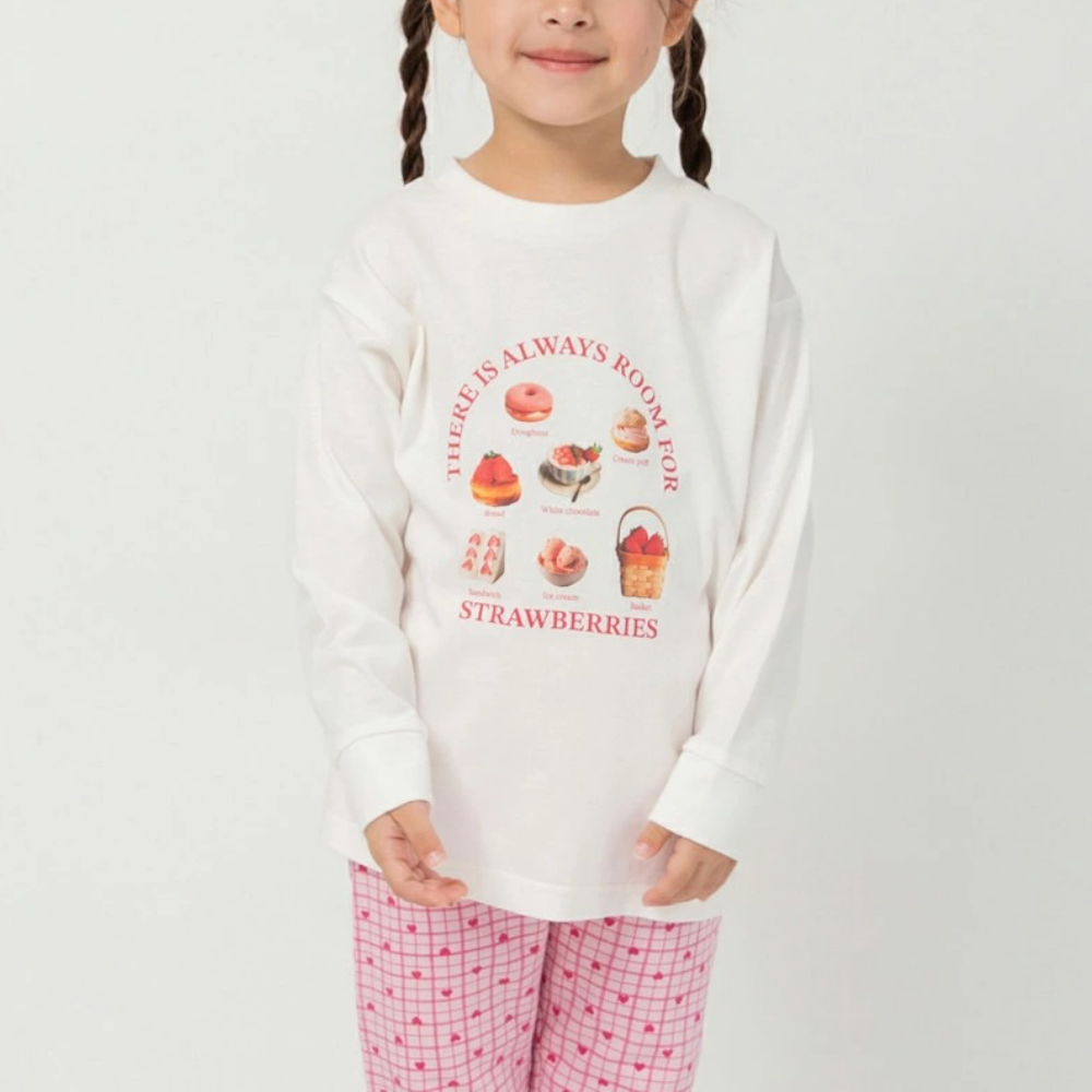 100%棉 美味季節印花長袖上衣-草莓點心-白