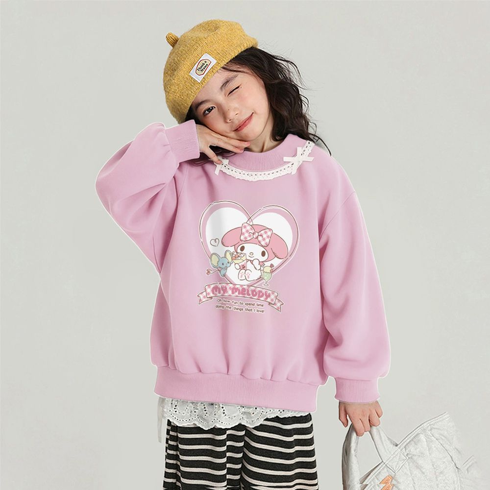 加絨蕾絲花邊領長袖上衣/大學T-卡通人物美樂蒂-粉色